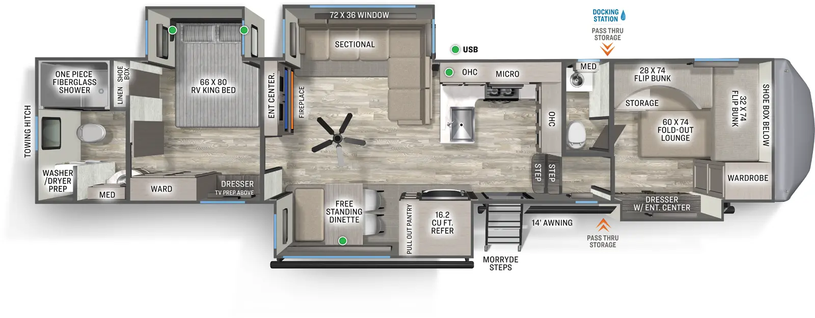 The Sandpiper Fifth Wheels 3710HBFB floorplan has one entry and four slide outs. Exterior features include: fiberglass exterior and 14' awning. Interiors features include: bunk beds, free-standing dinette option, rear bathroom and bathroom and a half.